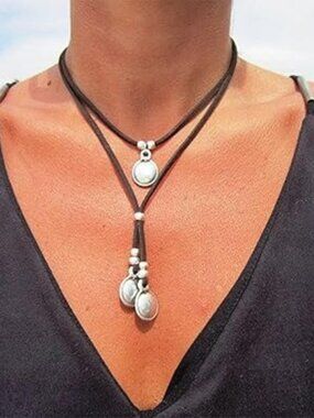 Silver Pendant Boho Necklaces Western Outfit for Women Leather Choker Turquoise